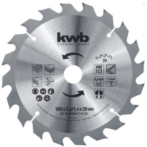 KWB LAME DE SCIE CIRCULAIRE 160 X 20 MM, FABRIQUÉE EN ALLEMAGNE, MANIABLE, SPÉCIALEMENT CONÇUE POUR LES MACHINES SANS FIL, UNIVE (1/2)