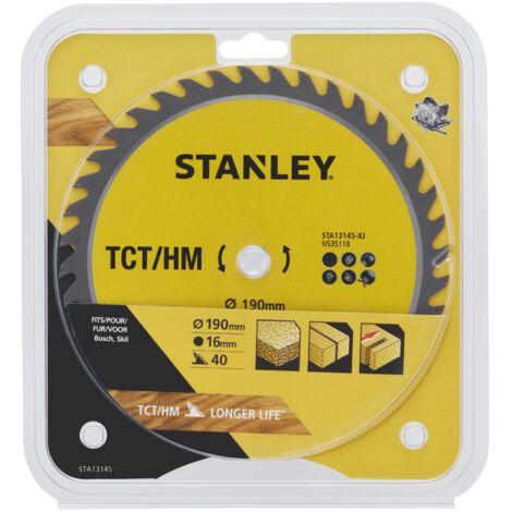 Stanley – Lame de scie circulaire TCT Ø 190mm – 40 dents positives ATB – Pour bois dur et teck – Diamètre d'alésage 16mm
