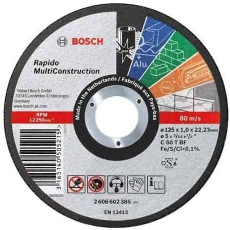 Bosch – Disque à tronçonner multi matériaux 125mm – Épaisseur 1mm – Diamètre intérieur 22,23mm – Coupe nette métal, pierre, plastique – 2608602385 (1/5)