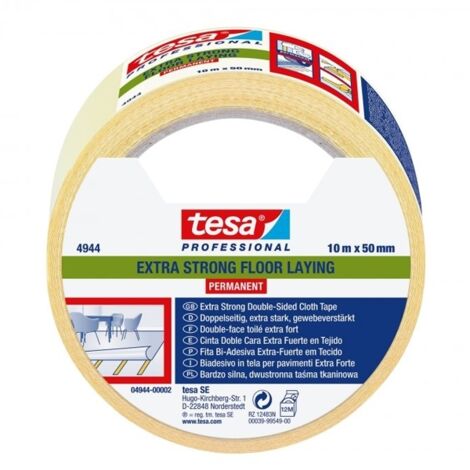 Ruban adhésif double face en tissu résistant Tesa pour tapis, large, 10 m, 50 mm