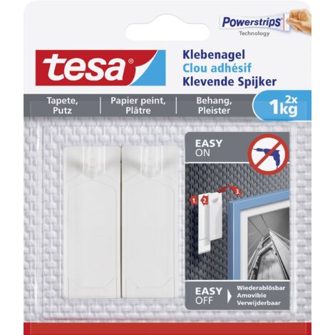 Tesa – Clou adhésif blanc pour surfaces lisses – Force de maintien 1 kg – Lot de 2 – Convient pour papier peint et plâtre - W680211