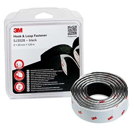 3M SJ352BBK RUBAN BOUCLES ET CROCHETS, 2 X 25 MM X 1.25 M, NOIR (LOT DE 1)