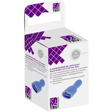 ASSORTIMENT DE COSSES À LANGUETTE FEMELLES 6.30 MM X 0.80 MM TRU COMPONENTS T1904C118 8436824 180 ° ENTIÈREMENT ISOLÉ BLEU 25 PC (1/3)