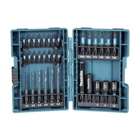 Makita – Jeu d'embouts et forets 33 pièces – Acier S2 hautement allié – Compatible avec visseuses hexagonales 1/4' – Porte-embout magnétique 60mm - B-66896