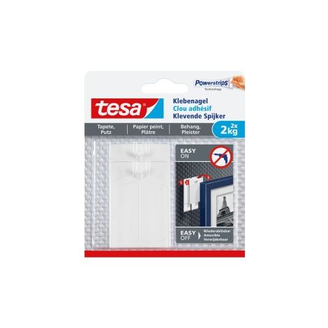 Tesa – Clou adhésif blanc pour papiers peints et plâtres – Force adhésive 2 kg – Lot de 2 pièces – Installation sans outils - W680191 (1/10)