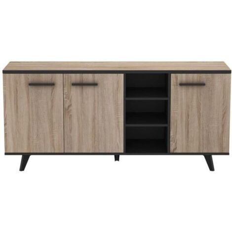 Les Tendances – Buffet bas chêne brossé et noir mat – 3 portes avec rayons réglables – Dimensions L 160,7 x P 43,9 x H 73,3 cm – Fabrication française (1/5)