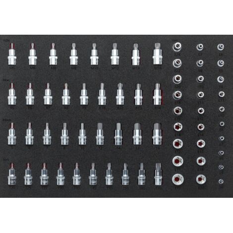 VIGOR CALAGE EN MOUSSE 1/1 POUR INSERTS DE CLÉ À DOUILLE TORX, XZN, 6 PANS  INTÉRIEURE ET RIBE ÉLECTRONIQUE, 64 PIÈCES, 1 PIÈCE (1/3)