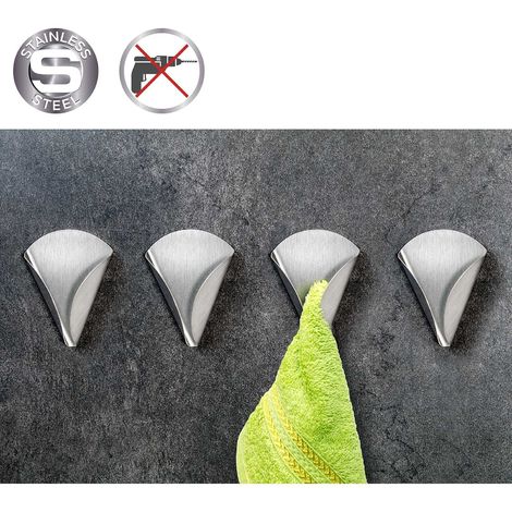 TATKRAFT EVA - LOT DE 4 PORTE-SERVIETTES ADHÉSIFS EN ACIER INOXYDABLE - PATÈRE MURAL AUTOCOLLANT SANS PERÇAGE - SUPPORTE 2 KGS (1/5)