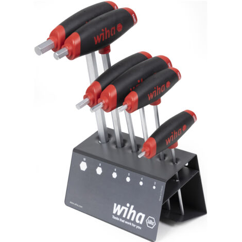Wiha Jeu de clés mâles avec manche en T ComfortGrip 7 clés Six pans, chromé mat dans un support de rangement (45621)