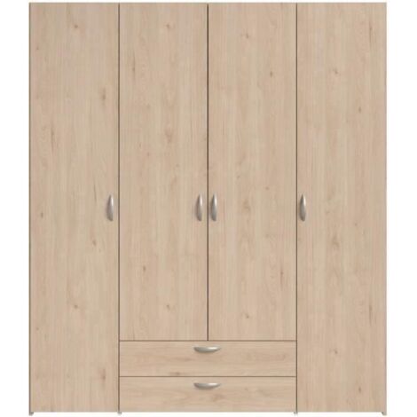 Armoire chambre VARIA décor chêne – 4 portes battantes – 2 tiroirs – Longueur 159,9 cm – Hauteur 185 cm – Largeur 51,3 cm – Parisot