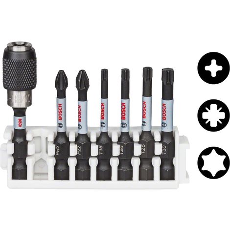 Bosch – Jeu d'embouts pour visseuse – 8 pièces – Acier modifié S2 – Longueur 50/60 mm – Empreintes PH2, PZ2, T20, T25, T30 – Support magnétique inclus - A311732