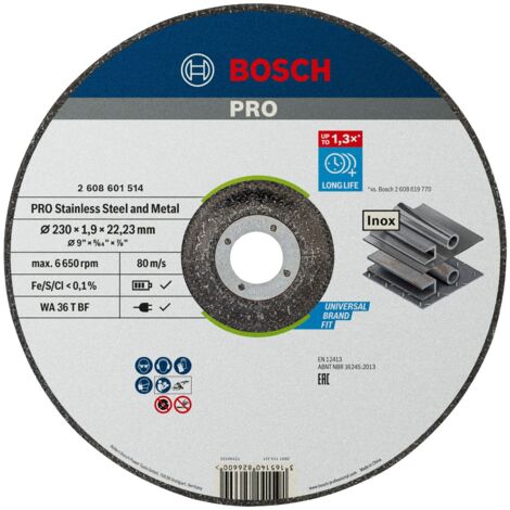 Bosch – Disque à tronçonner 230mm – Épaisseur 1,9mm – Alésage 22,23mm – Pour acier inoxydable – Coupe nette et précise - 2608601514 (1/5)