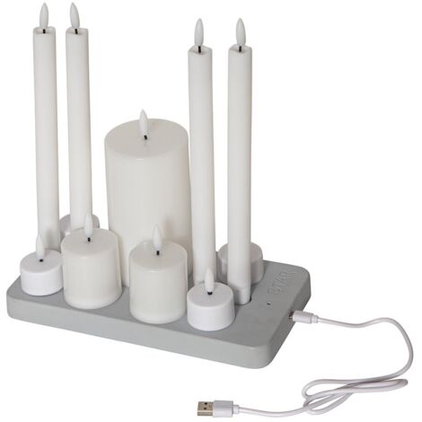 STAR TRADING LOT DE 4 BOUGIES CHAUFFE-PLAT AVEC 4 BOUGIES ANTIQUES, 2 BOUGIES VOTIVES, 1 BOUGIE PILIER, BLANC, CÂBLE USB, PLAQUE (1/3)