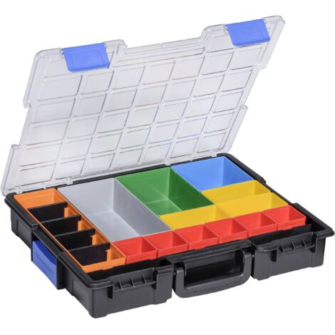 FP – Mallette de rangement pour petites pièces L440xP355xH76mm – 18 compartiments – Plastique résistant aux chocs – Couvercle transparent (1/7)