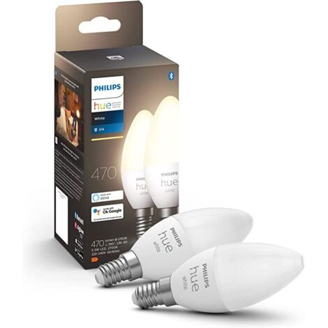 PHILIPS HUE AMPOULES LED CONNECTÉES WHITE E14 COMPATIBLE BLUETOOTH, FONCTIONNE AVEC ALEXA, 40 W, PACK DE 2 AMPOULES (1/10)