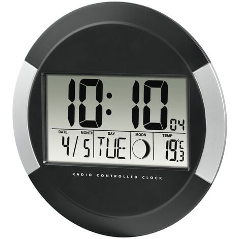 Horloge murale digitale radio pilotée noire avec alarme