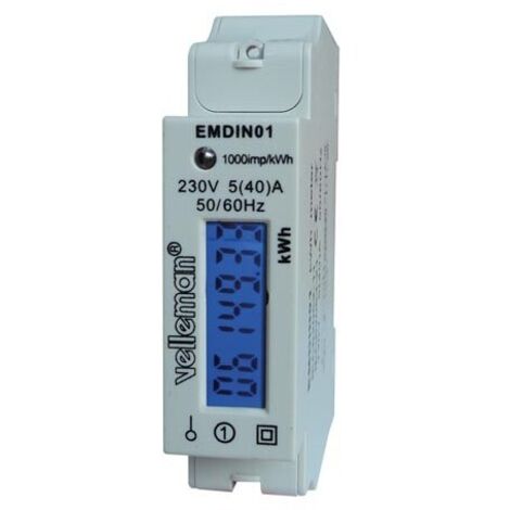 Velleman – Compteur d'énergie monophasé – Affichage LCD – Montage rail DIN – Courant max 40 A – Mesure kWh pour systèmes photovoltaïques
