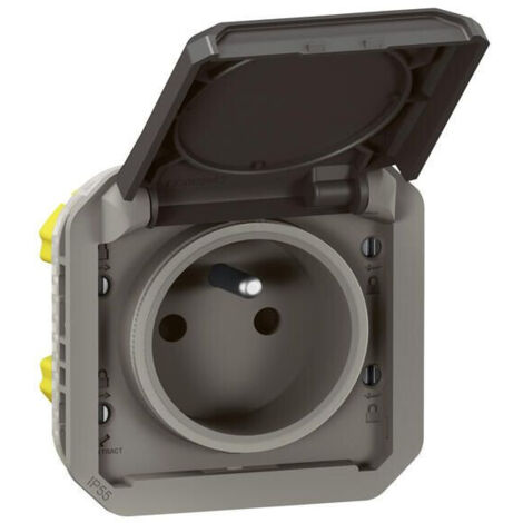 Legrand – Prise de courant étanche 2P+T 16A 250V IP55 IK08 – Enjoliveur anthracite – Installation encastrée ou saillie – Connexion rapide sans outils