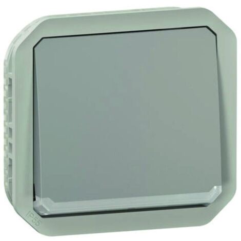 INTERRUPTEUR OU VA-ET-VIENT LUMINEUX AVEC VOYANT ÉTANCHE PLEXO 10AX 250V IP55 IK08 AVEC ENJOLIVEUR FINITION GRIS (1/4)