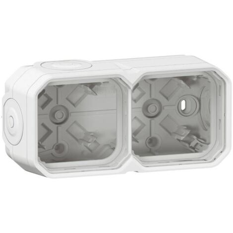 BOÎTIER SAILLIE ÉTANCHE PLEXO 2 POSTES HORIZONTAUX ET VERTICAUX SANS CLOISON AVEC 4 EMBOUTS À MEMBRANE - BLANC