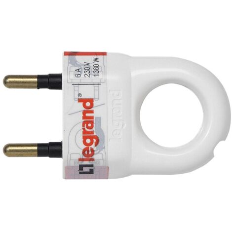 Fiche plastique 2P 6A avec anneau d'extraction Legrand  Finition: Blanc