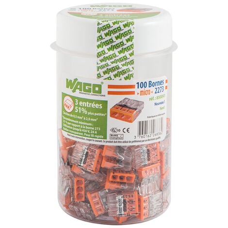WAGO S2273 100 MINI BORNES DE CONNEXION RAPIDE 3 ENTRÉES POUR FILS RIGIDES - 2273-203 WAG268362