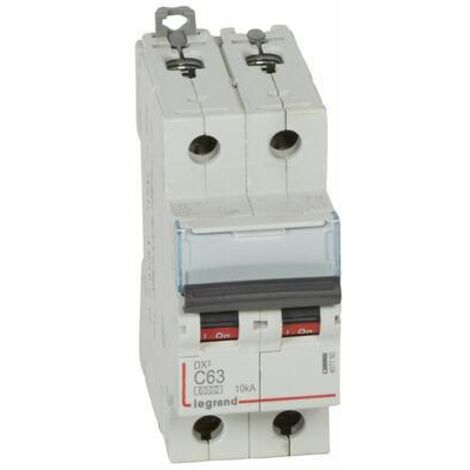 Legrand – Disjoncteur bipolaire 63A – 10kA courbe C – Arrivée haute et départ bas à vis – 2 modules – 230V à 400V