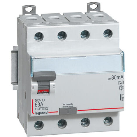 LEGRAND DX3 INTERRUPTEUR DIFFÉRENTIEL TÉTRAPOLAIRE 63A 30MA TYPE A 4 MODULES 400V - 411676