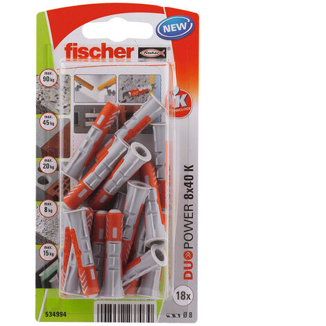 Fischer – Chevilles DuoPower Ø8x40mm – Blister de 18 pièces – Fixation pour béton et brique – Installation facile sans pré-perçage