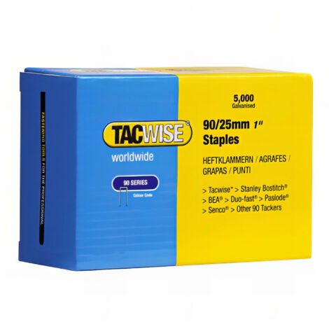 Lot de 5 000 agrafes galvanisées L. 25 mm type 90 – Pour fixation bois dur et teck – Compatible avec agrafeuses Tacwise