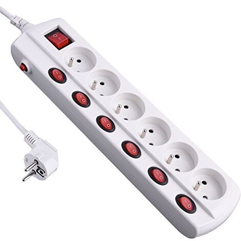 ELECTRALINE 35433 BLOC MULTIPRISES 6 PRISES + INTERRUPTEURS DÉPORTÉS LONGUEUR 1,5 M SECTION 3G1,5 MM² BLANC