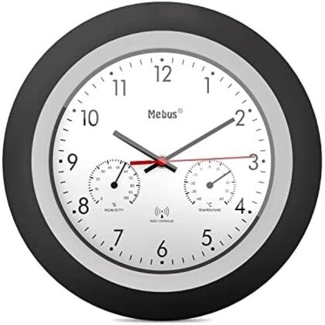 MEBUS HORLOGE MURALE SANS FIL AVEC THERMOMÈTRE ET HYGROMÈTRE, CADRE NOIR, CADRAN BLANC, DIAMÈTRE 29 CM, ROND, MODÈLE : 19449, NO (1/5)
