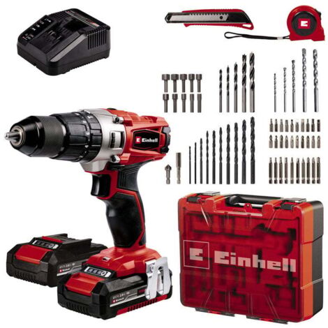 Einhell Perceuse Visseuse à percussion sans fil TE-CD 18/2 Li-i +64 (1 x 2,0 Ah) PXC Einhell (Li-ion, 18 V, Couple 44 Nm) Livré avec 2 Batteries 2,0Ah, Chargeur et 64 Accessoires