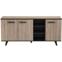 Les Tendances – Buffet bas chêne brossé et noir mat – 3 portes avec rayons réglables – Dimensions L 160,7 x P 43,9 x H 73,3 cm – Fabrication française
