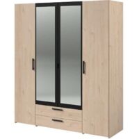 Armoire 4 portes battantes avec 2 miroirs et 2 tiroirs – Décor chêne et noir – Dimensions L160 x H185 x P51.7 cm – Panneau de particules – Parisot