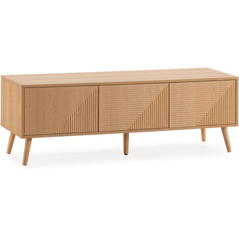 Vs Venta-Stock – Meuble TV Telmo 3 portes chêne 130 cm – Design scandinave – Pieds en bois de pin – Système push sans poignées (1/5)