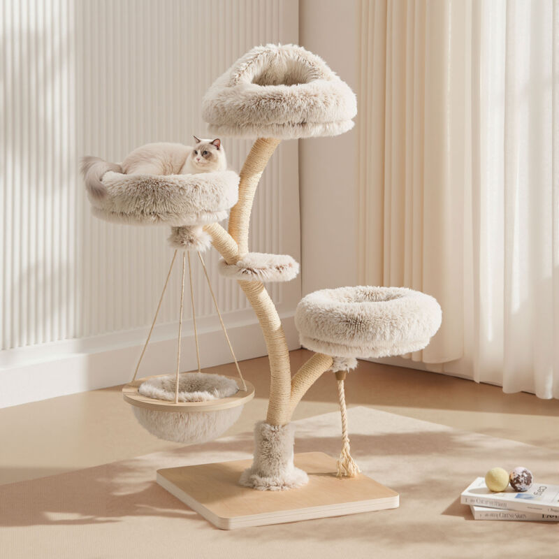 Fudajo Designer Kratzbaum in Zweigdesign 130 cm hoch, Katzenkratzbaum mit  Plsch und Sisal, Kletterbaum fr Katzen, Katzenbaum mit Hngeliege