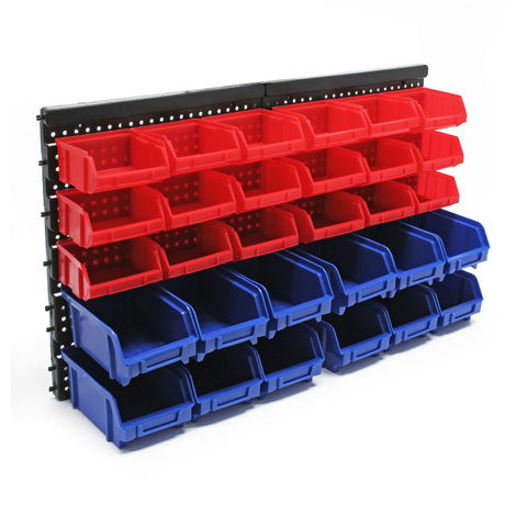 32-tlg Stapelboxen Wandregal Set Werkstatt Lagersystem mit 30 Kisten 2 Halterung 