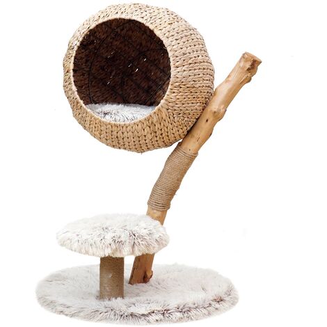 Fudajo Kratzbaum Zweigdesign mit Katzenkorb 83 cm hoch, Designer Katzenkratzbaum mit Liegekorb in Flecht-Optik, Katzenbaum aus Holz mit Plüsch