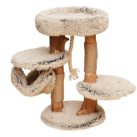 Fudajo Kratzbaum mit Holz und Plüsch 87,5 cm hoch, Designer Katzenkratzbaum mit Birnbaumholz, Katzenbaum mit Hängematte, Katzenmöbel mit Liege (1/5)
