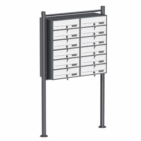 Wiltec 12er Briefkastenanlage Weiß/Anthrazit 945 x 270 x 1500 mm, Standbriefkasten mit 2x6 Fächern, Schlüssel und Namensschild, Briefkasten Postkasten mit Ständer (1/5)