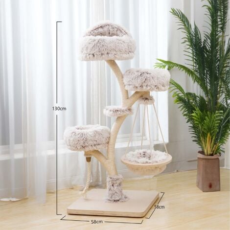 Fudajo Designer Kratzbaum in Zweigdesign 130 cm hoch, Katzenkratzbaum mit Plüsch und Sisal, Kletterbaum für Katzen, Katzenbaum mit Hängeliege