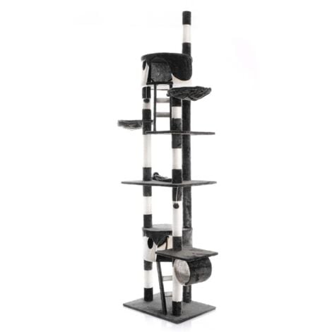 Wiltec Kratzbaum 240-260 cm schwarz/weiß, Katzenkratzbaum deckenhoch mit Sisal, Kletterbaum für Katzen, Deckenspanner Katzenbaum mit Hängematten