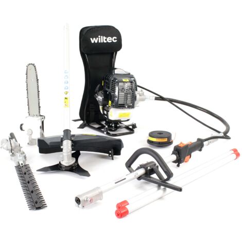 Wiltec 4-in-1 Multifunktionsgerät mit 2-Takt-Motor mit Rucksack, Backpacker Multigartengerät, Multitool Gartenwerkzeug mit u.a. Rasentrimmer