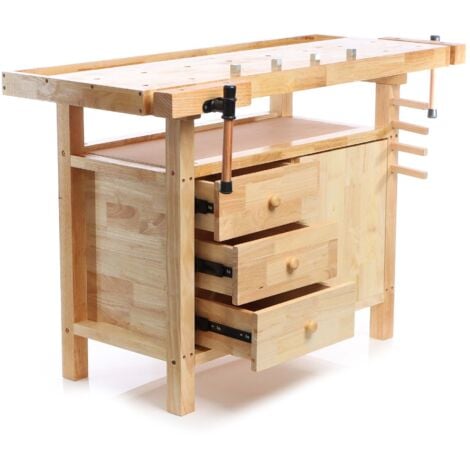 Wiltec Hobelbank 126 x 50 x 84 cm aus Holz, Werkbank bis 150 kg, Werktisch mit Spannzangen, Schubladen und Gerätefach, Arbeitstisch aus Rubberwood