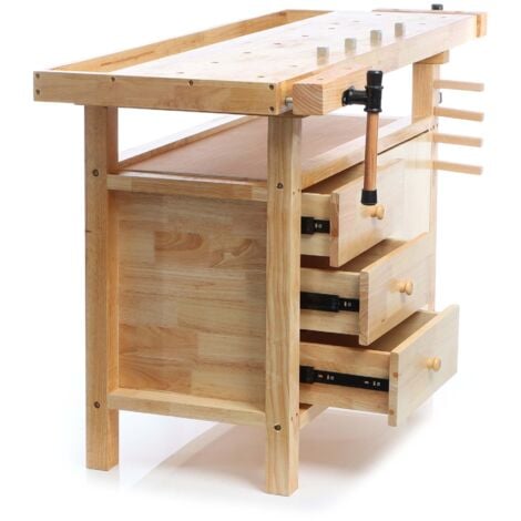 Wiltec Hobelbank 126 x 50 x 84 cm aus Holz, Werkbank bis 150 kg, Werktisch mit Spannzangen, Schubladen und Gerätefach, Arbeitstisch aus Rubberwood