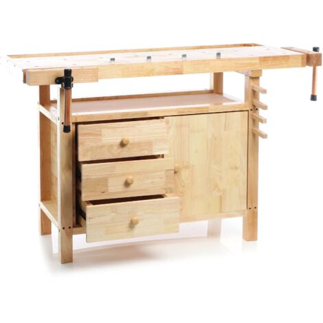 Wiltec Hobelbank 126 x 50 x 84 cm aus Holz, Werkbank bis 150 kg, Werktisch mit Spannzangen, Schubladen und Gerätefach, Arbeitstisch aus Rubberwood