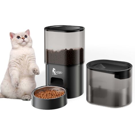 Fudajo Futter- und Trinkautomat für Katzen & Hunde in Schwarz, 3 L Futterspender und 2,5 L Trinkbrunnen, Fütterung mit App-Steuerung für Trockenfutter