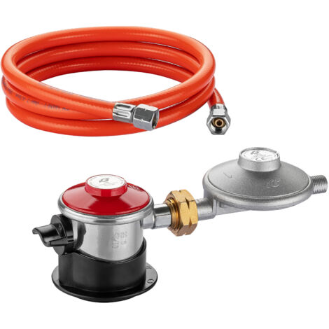 Wiltec Gasdruckminderer Spanien mit Adapter, Gasdruckregler 700 mbar, 1,5 m Gasschlauch mit Druckminderer, Druckregler für große Geräte, Gasregler für Gasheizgebläse