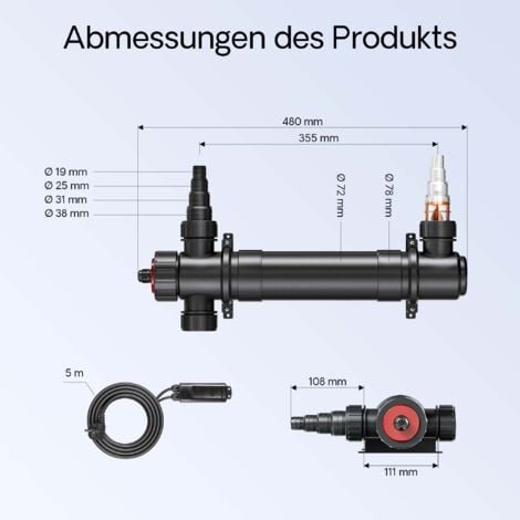 SunSun CUV-136 Teichklärer 4500 l/h / 36 W UVC Vorklärgerät für Teichfilter & Teichpumpe Wasserklärer mit UV-Lampe Lichtfilter zur Algenbekämpfung